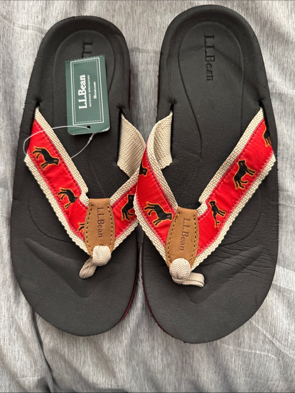 L.L. Bean Red Dog-Print Canvas Flip Flops with Black Footbed